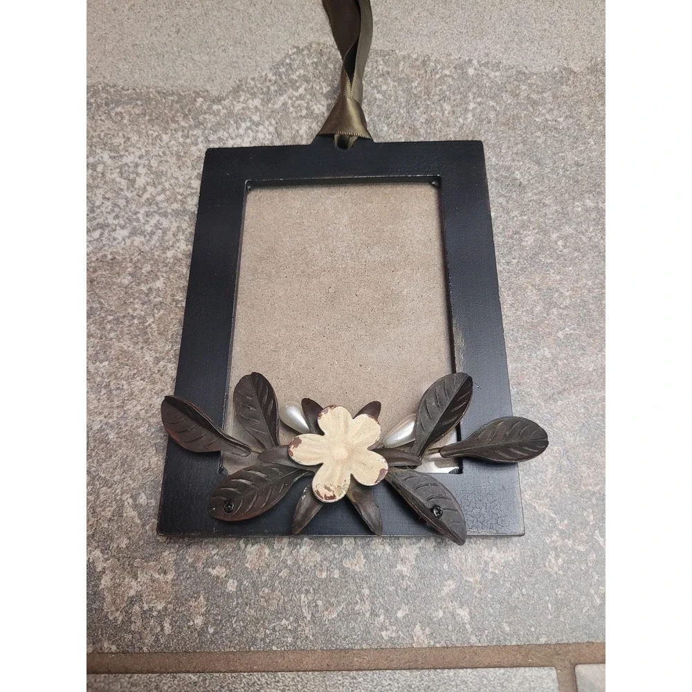 4x6 Hanging‎ Photo Frame w Ribbon Cottage Farmhouse Wall Décor Small Black Frame